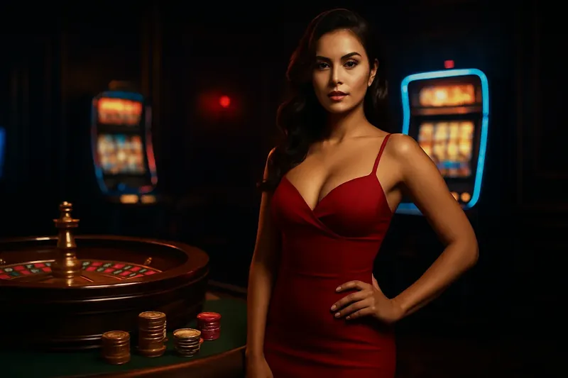 Beautiful woman in red dress standing confidently near roulette and slot machines with gold coins and poker chips in a luxury Bangladeshi casino scene