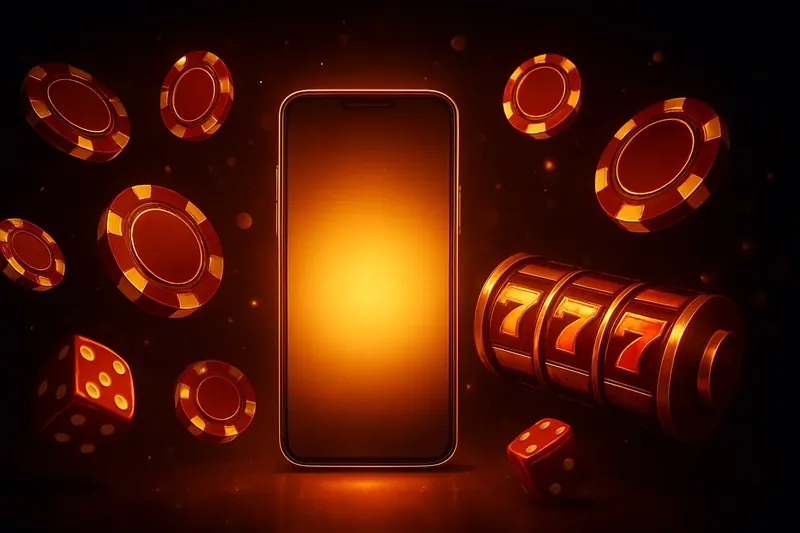 Glowing smartphone surrounded by casino chips, slot reels, and dice on a dark luxurious background